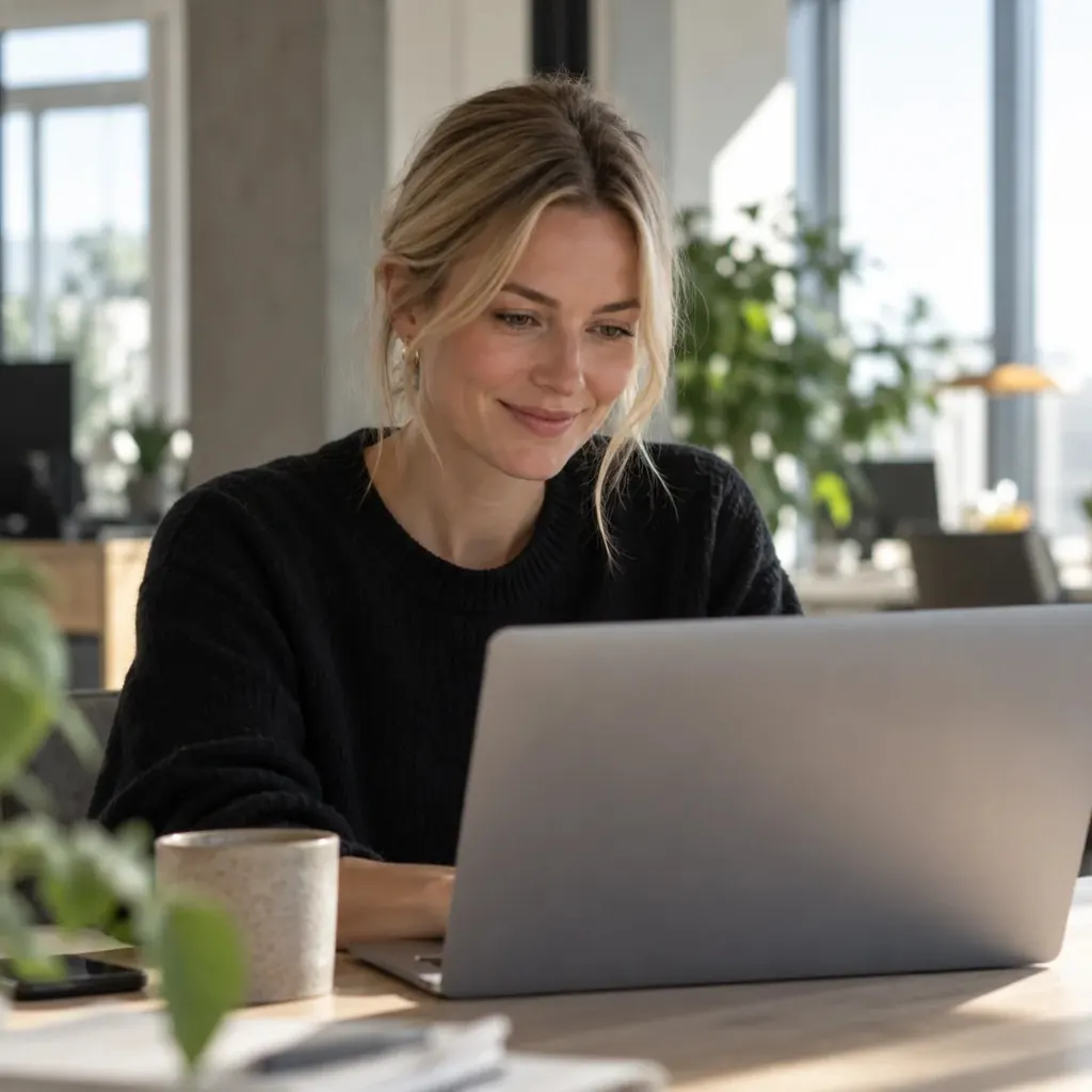 Kvinna som arbetar vid en laptop. Etiketter för positionering, personas och innehållsarbete dyker upp runt henne.